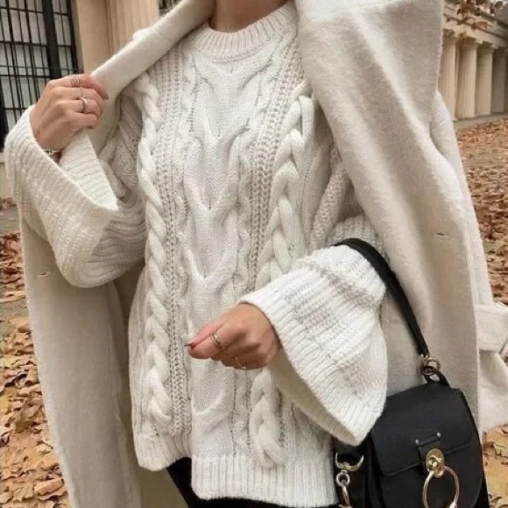 H&M Cream Cable Knit Oversized Sweater Chunky Braided Fisherman Pullover XXL - Picture 3 of 10
